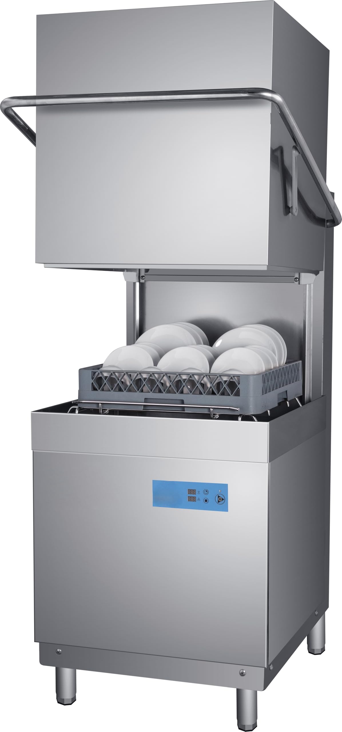3-phase commercial hood type dishwasher in a restaurant kitchen